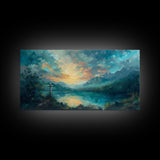 Painting Of a Cross And a Beautiful Landscape, Framed Canvas Print, Christian Wall Art