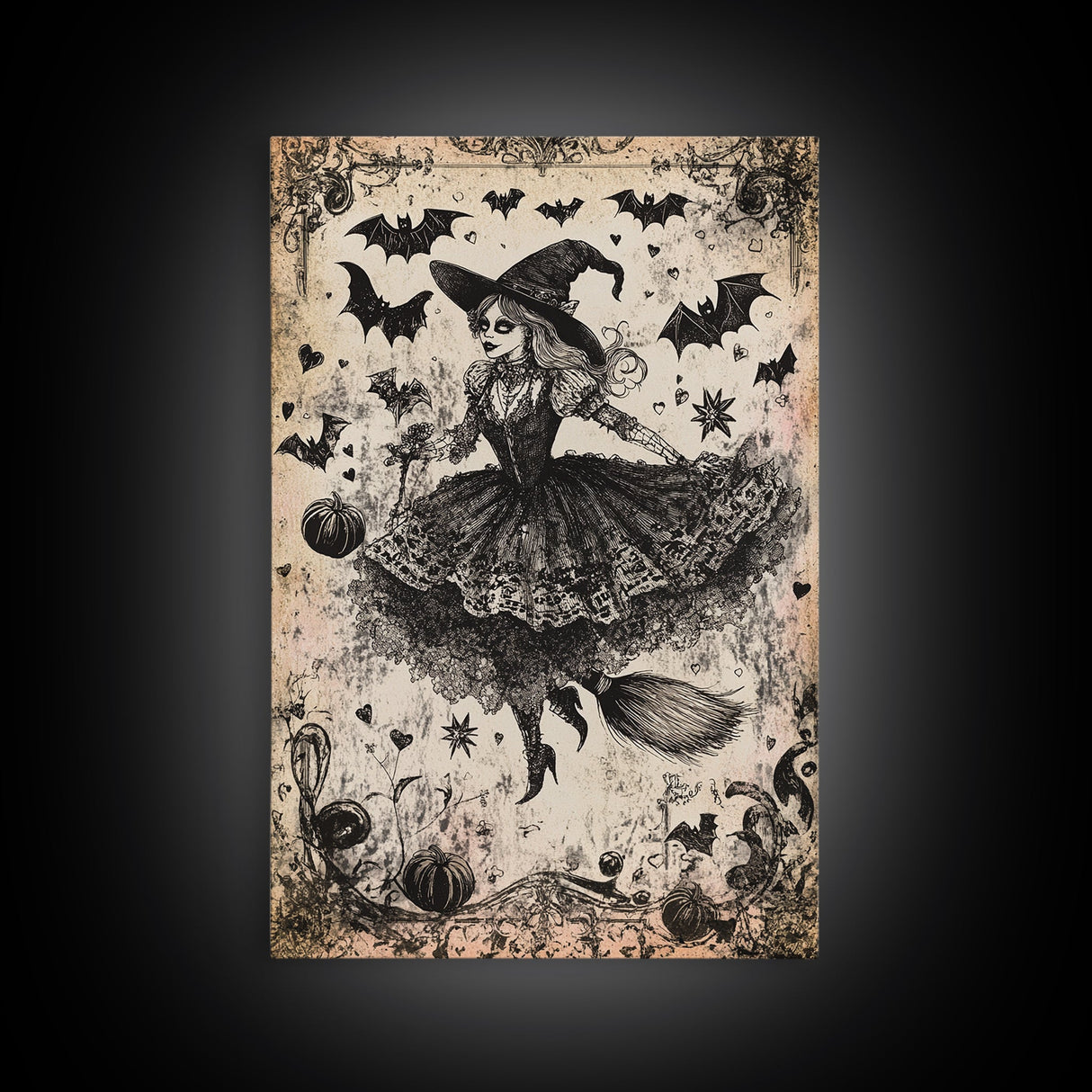 Spooky Season Halloween Witch, Witchy Decor Canvas Print, Black and White Witch Painting Print, Charcoal Sketch Of a Witch