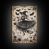 Spooky Season Halloween Witch, Witchy Decor Canvas Print, Black and White Witch Painting Print, Charcoal Sketch Of a Witch