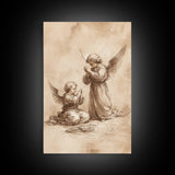 Guardian Angel Wall Art, Angel Painting, Canvas Print, Angel Decor, Angelic Wall Art, Cute Cherub Angel Sketch Art