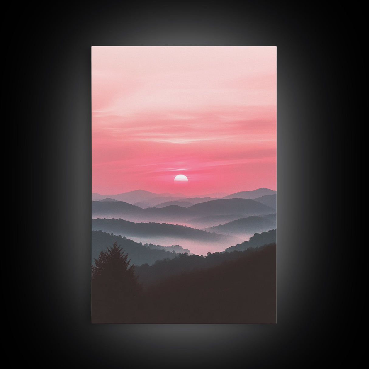 Sunset Over The Smoky Mountains, Framed Canvas Print, Smoky Mountain Art, Landscape Photography Style Home Decor, Retro Wave Art