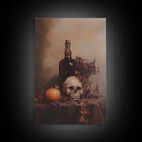 Still Life of a Skull and Wine Framed Canvas Print, Oil Painting Print, Gothic Decor, Dark Academia Macabre Halloween Wall Art, Witchy Decor