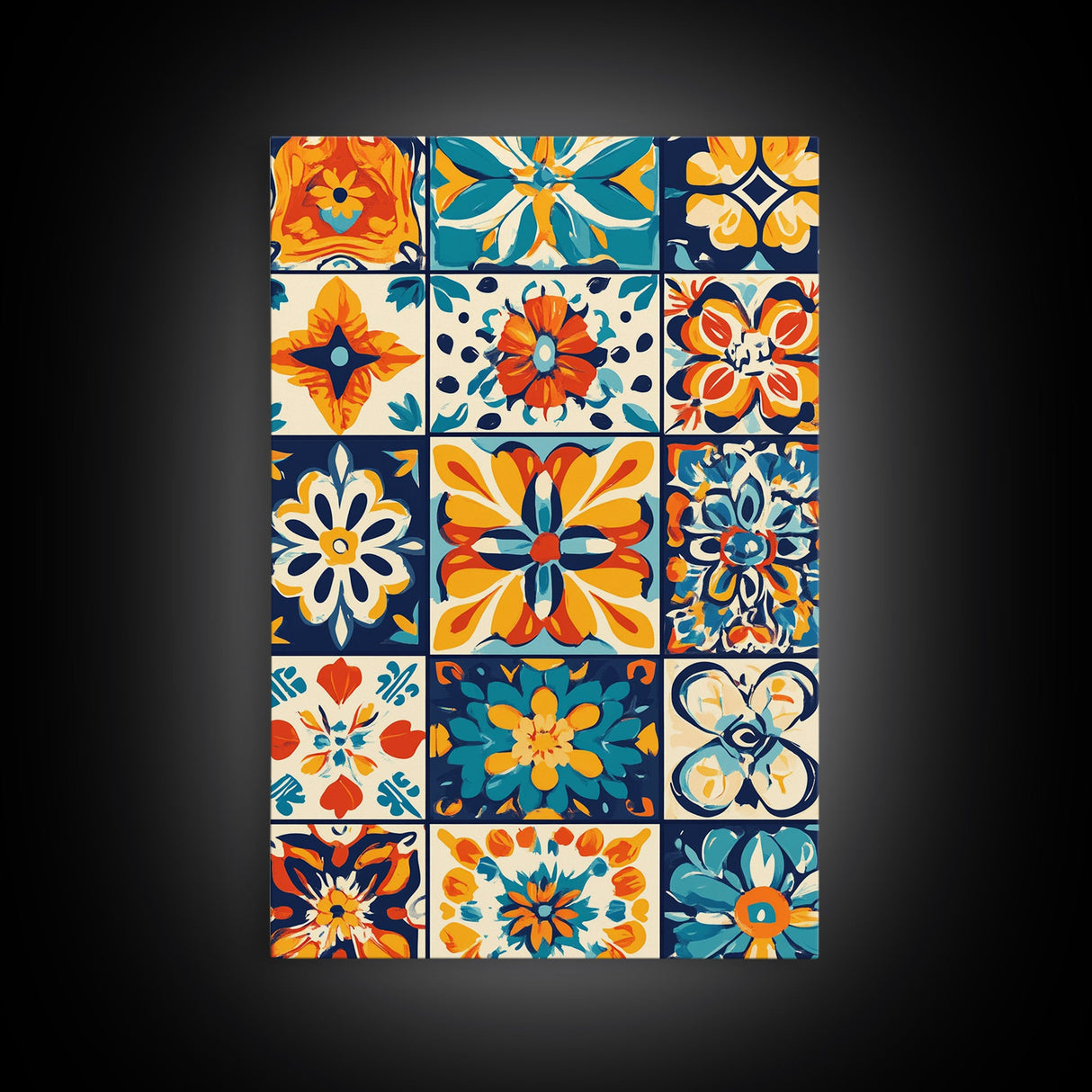 Textile Wall Art, Mexican Tile Canvas Print, Framed Wall Art, Mexicano Style Decor, Chicano Art, Textile Painting Wall Art