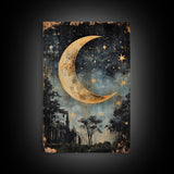 Mystical Moon Painting Print, Folk Art Canvas Print, Eerie Atmospheric Wall Art, Subdued and Moody Home Decor, Crescent Moon Painting