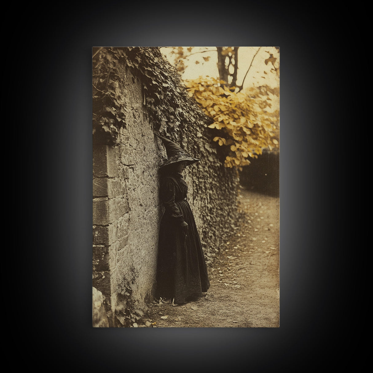 Sad Witch in the Fall Framed Canvas Print, Gothic Home Decor, Witch Photography Style Art