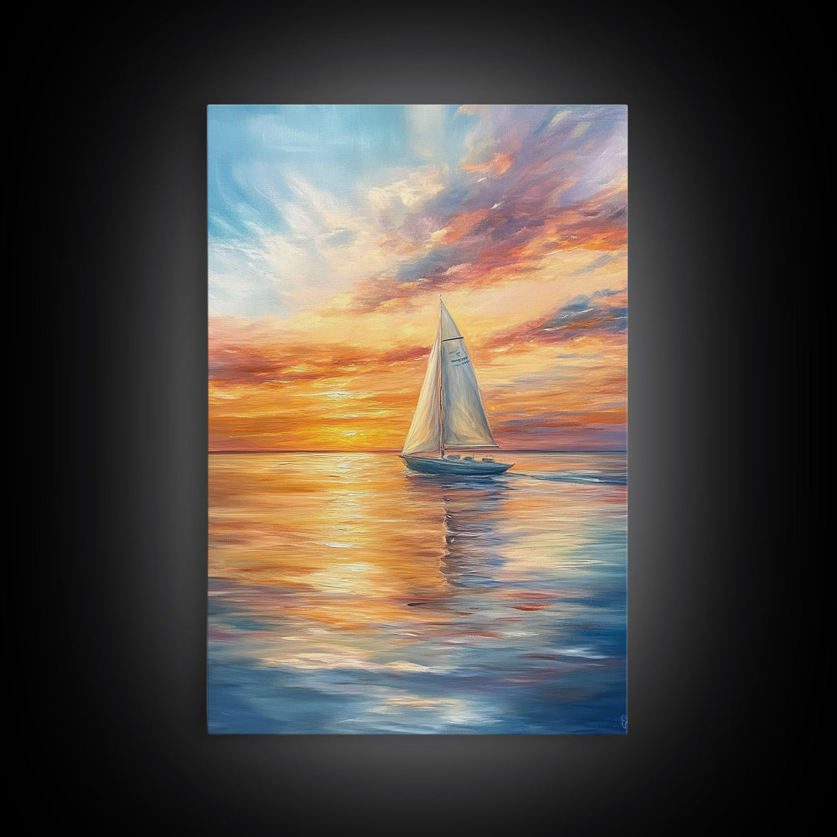 Oil Painting Print of a Sailboat At Sunset, Framed Canvas Print, Nautical Decor, Nautical Nursery, Nautical Wall Art, Beach House or Lakehouse Art