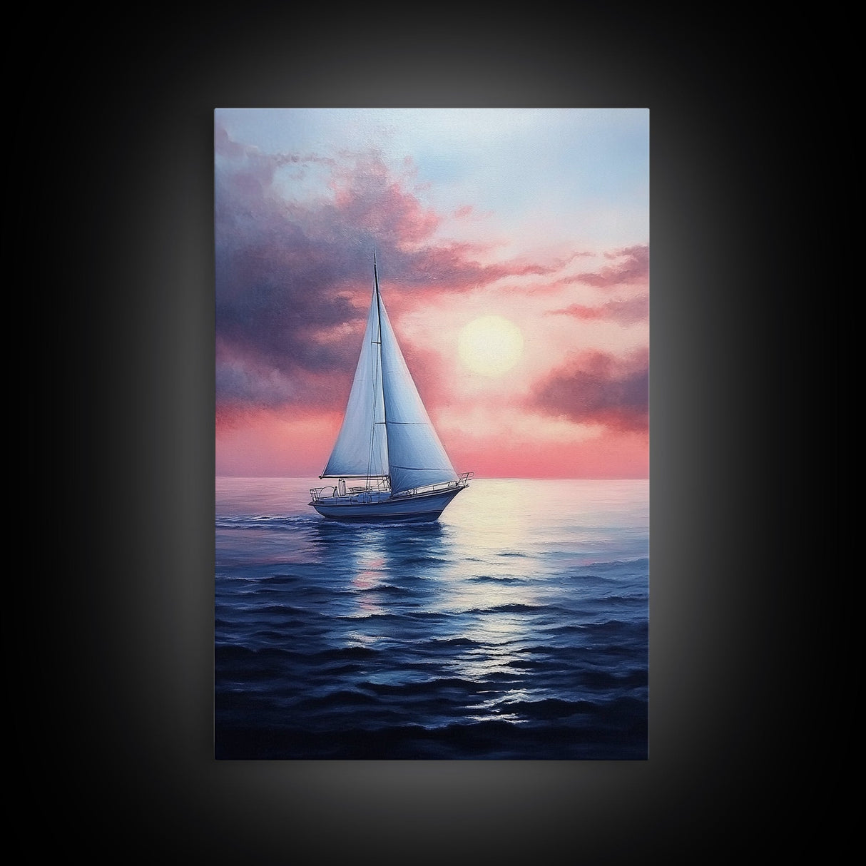 Vaporwave Sail Boat at Sunset, Framed Canvas Print, Retro Sail Boat Painting