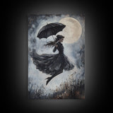 Witch Flying with an Umbrella, Framed Canvas Print, Witchy Decor, Halloween Wall Art, Goth Art, Dark Academia