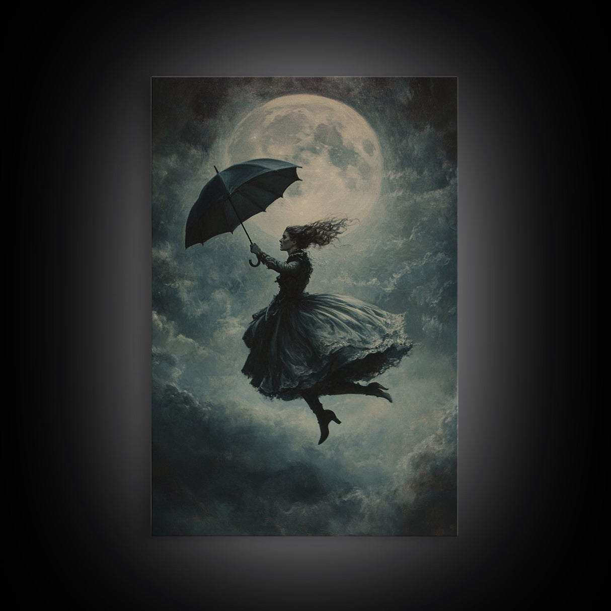 The Witch and her Umbrella Framed Canvas print, Witchy Decor, Witch painting, Witch Wall Art, Halloween Gift Idea