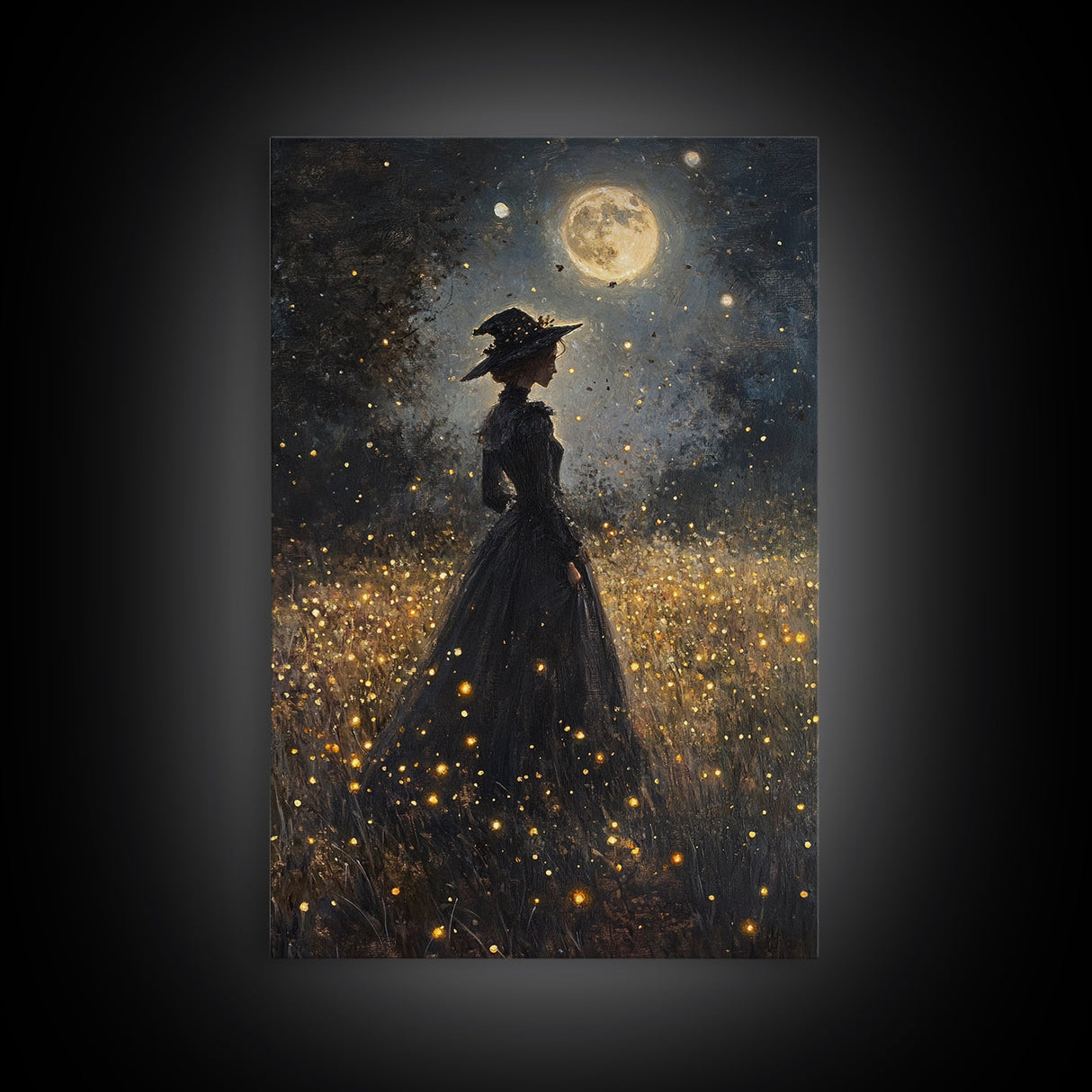 Witch Under a Full Moon Framed Canvas Print, Vintage Art Prints, Dark Academia, Witchy Gifts, Halloween Prints, Gothic Wall Art