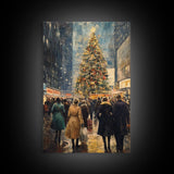 Christmas Village Wall Art Canvas print - Christmas Painting - Christmas Shopeprs in NYC in the 1950s - Christmas Decor - Winter Wall Art
