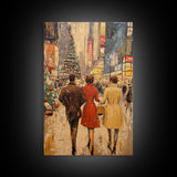 Retro Christmas Town Scene with Shoppers Walking The Streets, Framed Canvas print, Holiday Street Decor, Framed Canvas Winter Wall Art