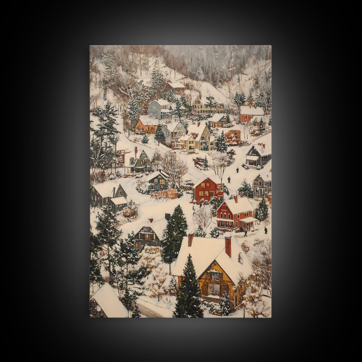 Christmas Village Covered in Snow, Framed Canvas Print, Christmas Oil painting print, Vintage Christmas Art Print, Christmas Wall Art