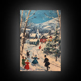 Ice Skating in The Streets on Christmas Morning Framed Canvas Print - Retro Christmas Village Wall Art - Christmas Above Mantle Centerpiece Art