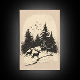 Sketch of Reindeer In The Snow Canvas Print - Framed Canvas - Minimalist Christmas Art - Boho Christmas Art - Rustic Christmas Art
