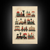 Cute Christmas Trains Canvas Print - Framed Canvas - Minimalist Christmas Art - Boho Christmas Art - Rustic Christmas Art