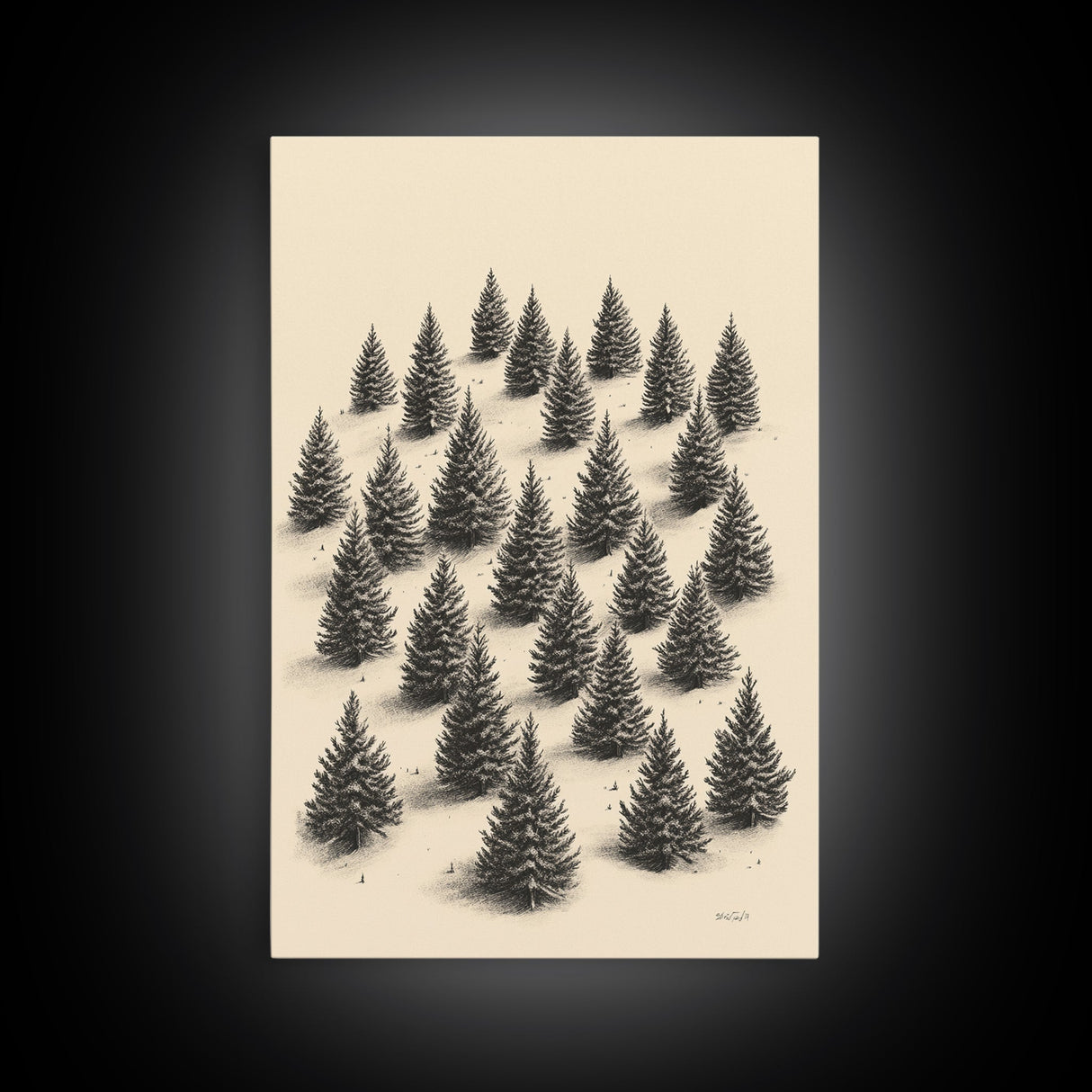 Sketch of a Christmas Tree Farm Canvas Print - Framed Canvas - Minimalist Christmas Art - Boho Christmas Art - Rustic Christmas Art