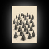 Sketch of a Christmas Tree Farm Canvas Print - Framed Canvas - Minimalist Christmas Art - Boho Christmas Art - Rustic Christmas Art
