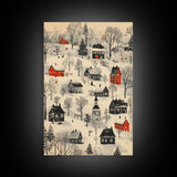Sketch of a Christmas Village Canvas Print - Framed Canvas - Minimalist Christmas Art - Boho Christmas Art - Rustic Christmas Art