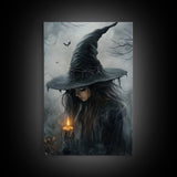 Gothic Oil Painting Print of a Witch Holding a Candle, Gothic Dark Academia Wall Art, Halloween Decor, Goth Gift Idea