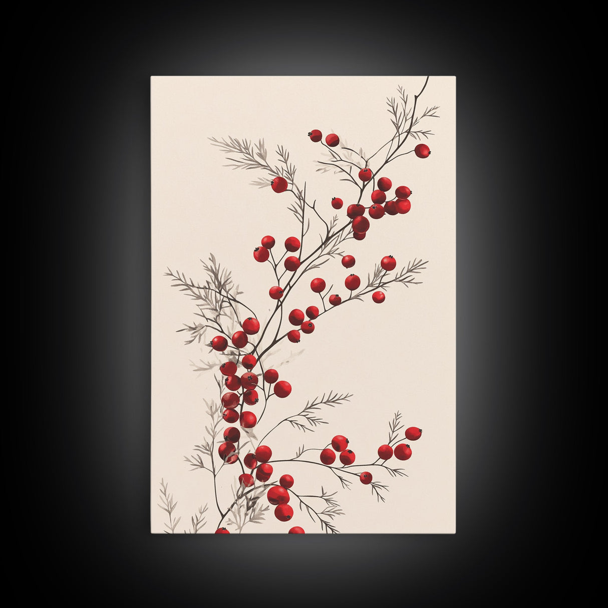 Holly Berries Canvas Print - Framed Canvas - Minimalist Christmas Art - Boho Christmas Art - Rustic Christmas Art