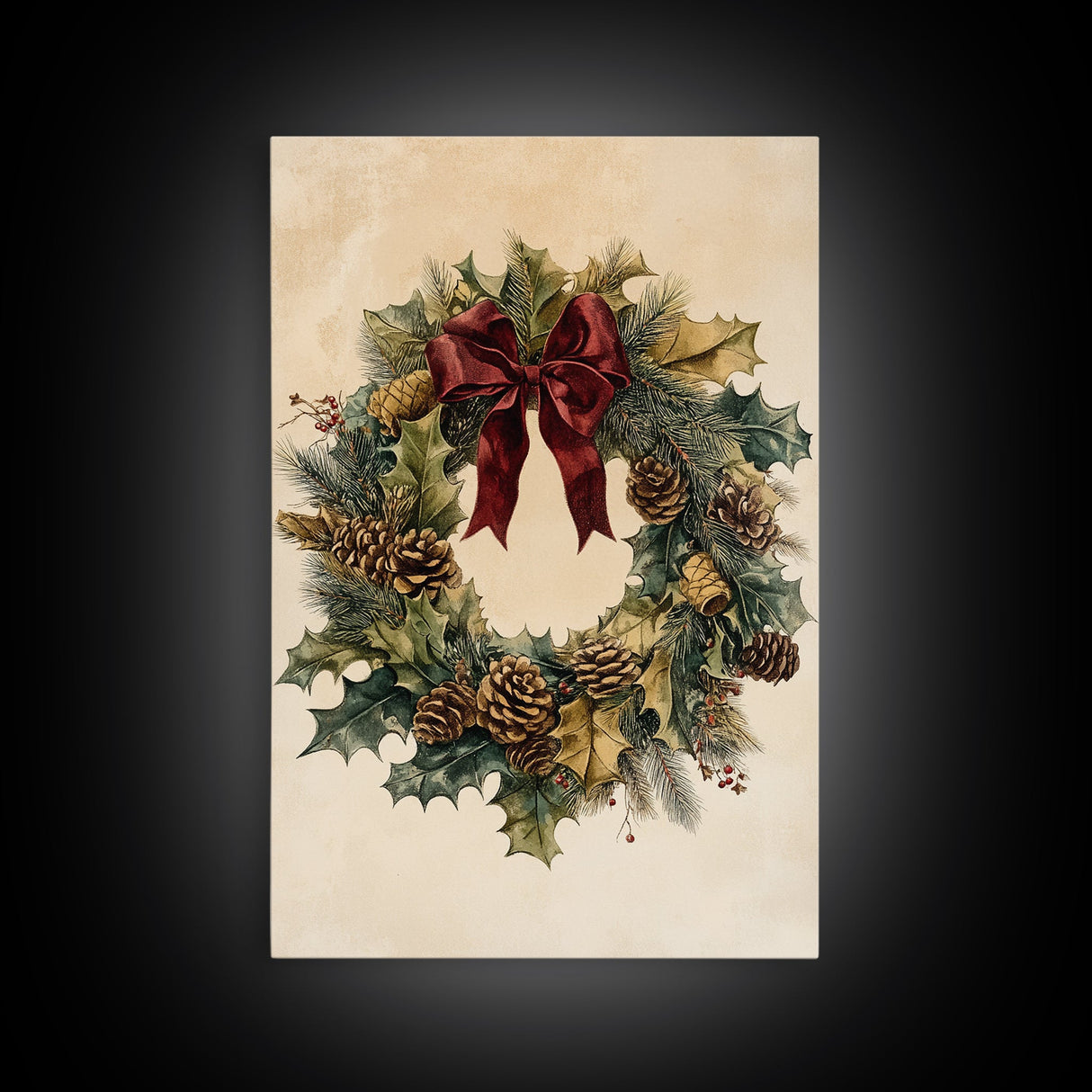 Vintage Christmas Wreath Canvas Print - Framed Canvas - Minimalist Christmas Art - Boho Christmas Art - Rustic Christmas Art