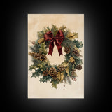Vintage Christmas Wreath Canvas Print - Framed Canvas - Minimalist Christmas Art - Boho Christmas Art - Rustic Christmas Art