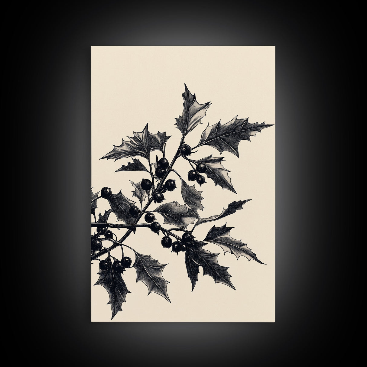 Vintage Holly Branch Canvas Print - Framed Canvas - Minimalist Christmas Art - Boho Christmas Art - Rustic Christmas Art