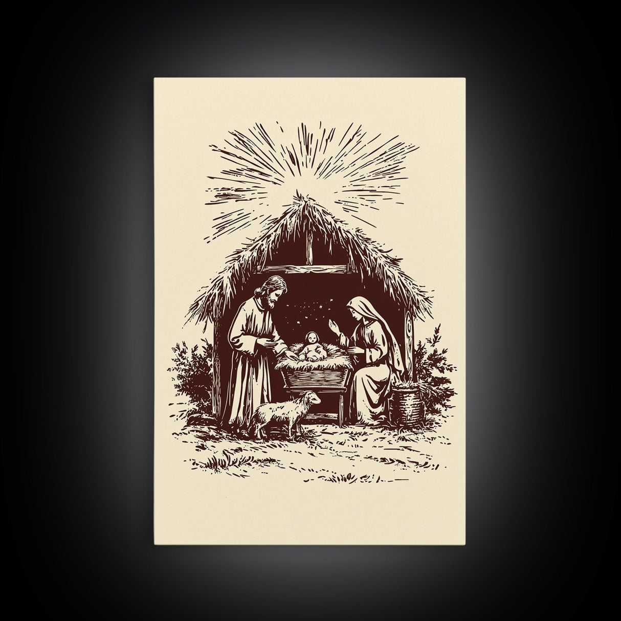 Retro Nativity Scene Canvas Print - Framed Canvas - Minimalist Christmas Art - Boho Christmas Art - Rustic Christmas Art