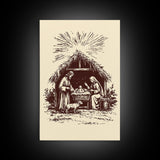 Retro Nativity Scene Canvas Print - Framed Canvas - Minimalist Christmas Art - Boho Christmas Art - Rustic Christmas Art