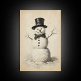 Retro Snowman Canvas Print - Framed Canvas - Minimalist Christmas Art - Boho Christmas Art - Rustic Christmas Art