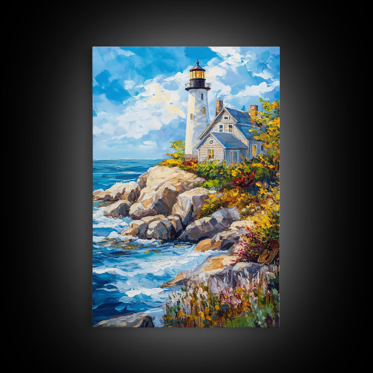 Lighthouse in Maine Framed Canvas Print, Maine Oil Painting, Coastoal Home Decor, Nautical Wall Art, Light House Oil Painting