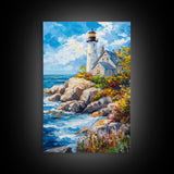 Lighthouse in Maine Framed Canvas Print, Maine Oil Painting, Coastoal Home Decor, Nautical Wall Art, Light House Oil Painting