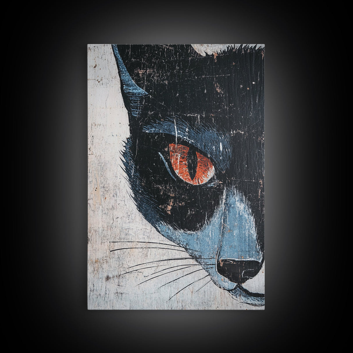 Portrait of a Black Cat, Wabi Sabi Wall Art, Cat Painting, Cat Art, Wabi Sabi Wall Art, Framed Canvas Print, Black Cat Gift