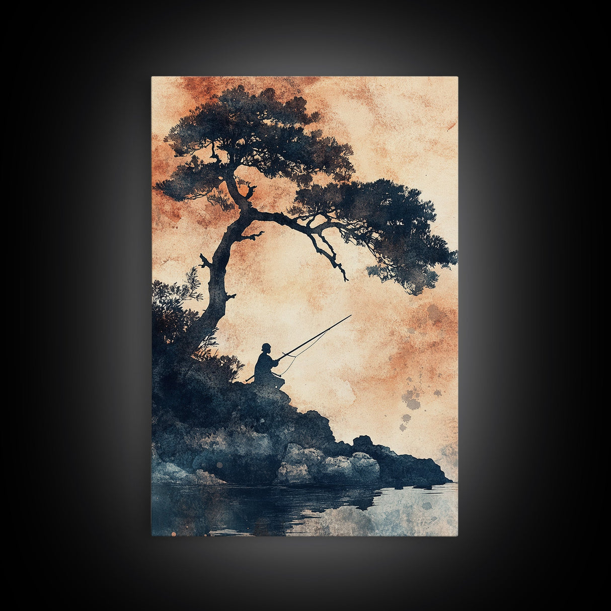 Japanese Fisherman Under a Bonzai Tree, Wabi Sabi Minimalist Decoe, Framed Canvas Print, Fishing Art, Fisherman Gift