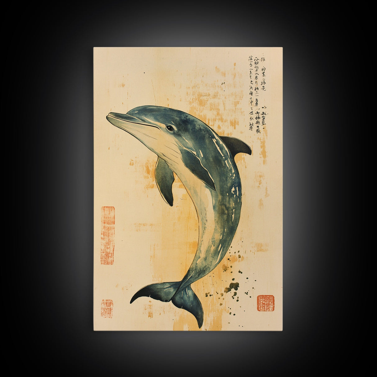 Japanese Style Dolphin Print, Nautical Decor, Framed Canvas Print, Dolphin Painting, Dolphin Art, Gift For Him, Office Art