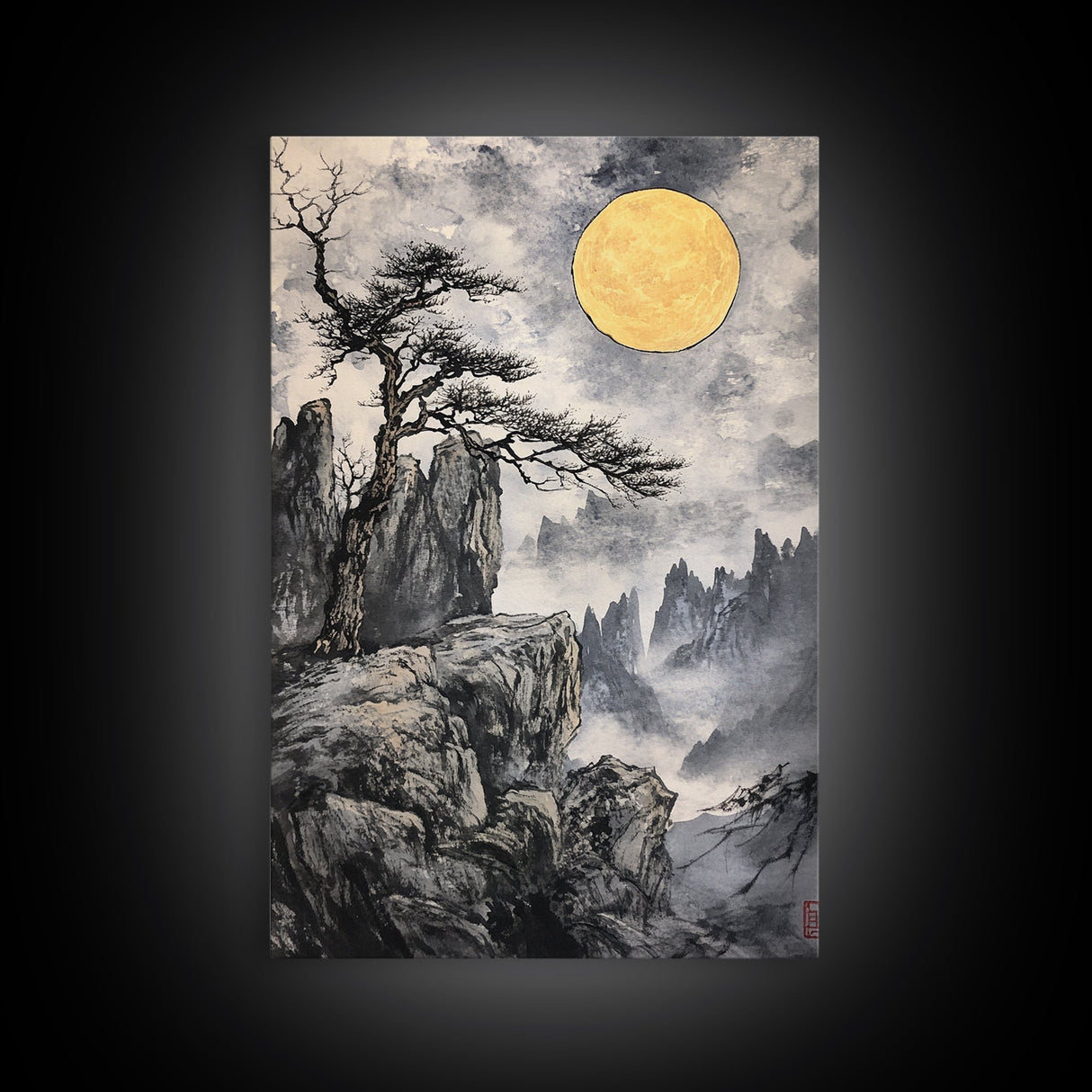 Wabi Sabi Landscape Painting Print - Japanese Style Decor - Japanese Style Art - Bonzai Tree Under a Full Moon