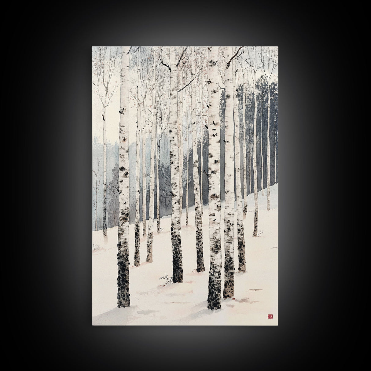 Winter Birch Tree Forest Framed Canvas Print, White Birch Trees In Winter Forest Landscape Art Print Minimalist Living Room Nature Wall Art