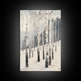 Winter Birch Tree Forest Framed Canvas Print, White Birch Trees In Winter Forest Landscape Art Print Minimalist Living Room Nature Wall Art