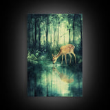 Young Deer Drinking Water In The Forest Painting Print, Wood Framed Canvas, Animal Prints, Nursery Decor, Framed Wall Art Home Decor