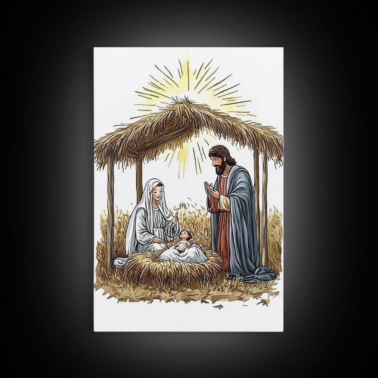 Retro Nativity Painting Print, Christmas Wall Art, Jesus in his Manger, Nativity Wall Art, Rustic Christmas Decor