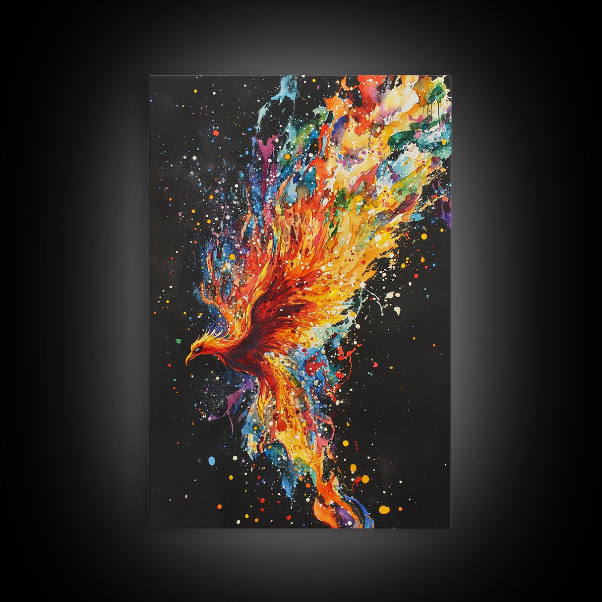 Rainbow Phoenix In Flames, Retribution, Framed Canvas Print, The Phoenix, Framed Wall Art, Original Painting Phoenix