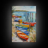Kayaks On The Ocean Framed Canvas Print, Maine Painting, Coastal Decor, Cute Coastal Wall Art, Preppy Decor, Coastal Landscape Painting