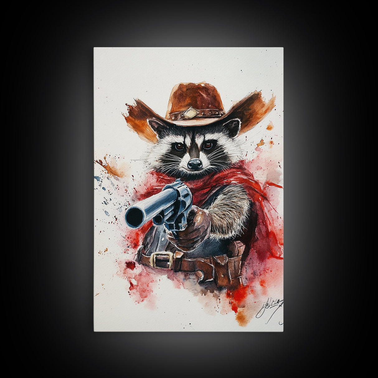 Wild West Racoon Cowboy Watercolor Painting Print, Rustic Home Decor, Framed Canvas Ready To Hang