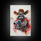 Wild West Racoon Cowboy Watercolor Painting Print, Rustic Home Decor, Framed Canvas Ready To Hang