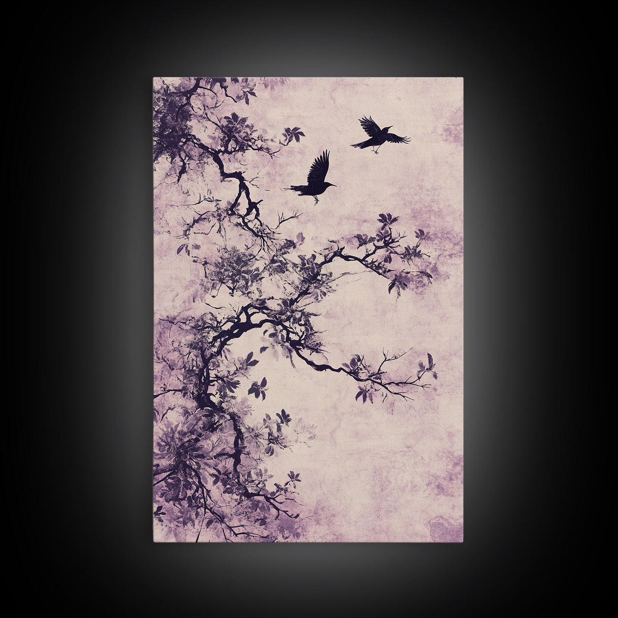 Wabi Sabi Floral Print Framed Canvas Art, Minimalist Home Decor, Purple trees with Crows, Purple Art, Boho Style Modern Art