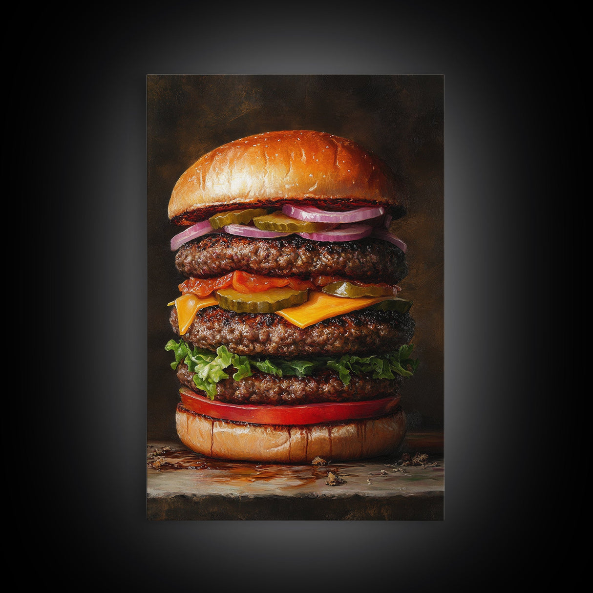 The Burg' Canvas Print, Retro Still Life Oil Painting Of a Hamburger, Canvas Print, Kitchen Decor, Dining Room Art, Funny Wall Art