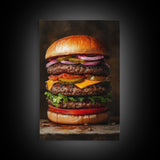 The Burg' Canvas Print, Retro Still Life Oil Painting Of a Hamburger, Canvas Print, Kitchen Decor, Dining Room Art, Funny Wall Art