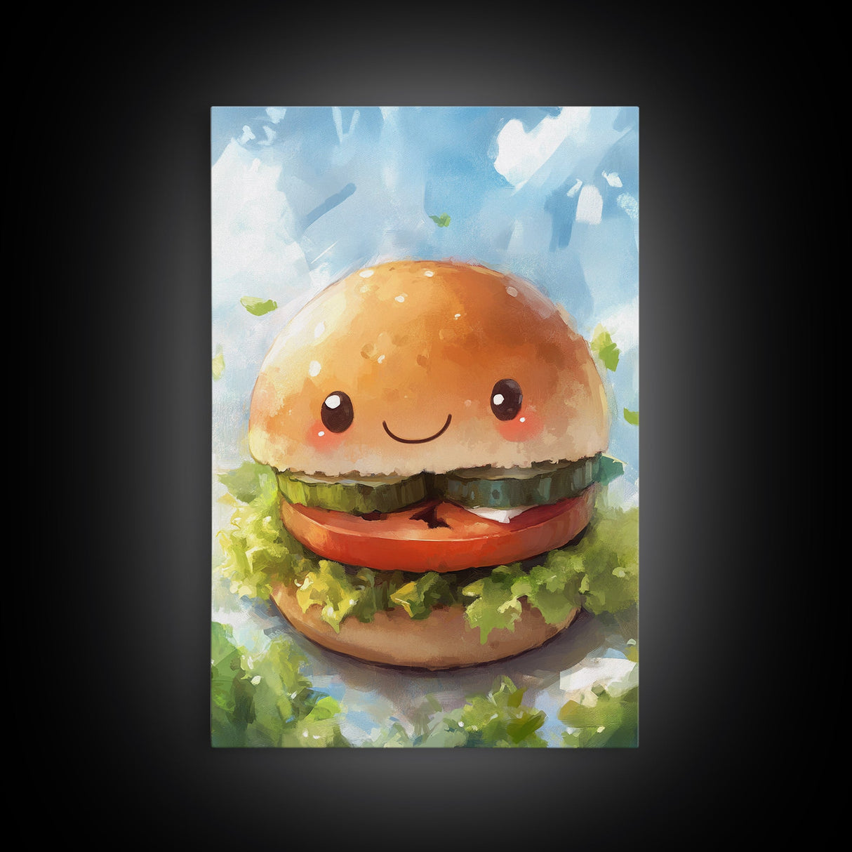 Kawaii Hamburger Canvas Print, Cute Hamburger Painting, Kitchen Decor, Kawaii Wall Art, Veggie Burger Painting