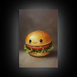 Kawaii Hamburger Canvas Print, Cute Hamburger Painting, Veggie Burger, Kawaii Wall Art, Kawaii Decor